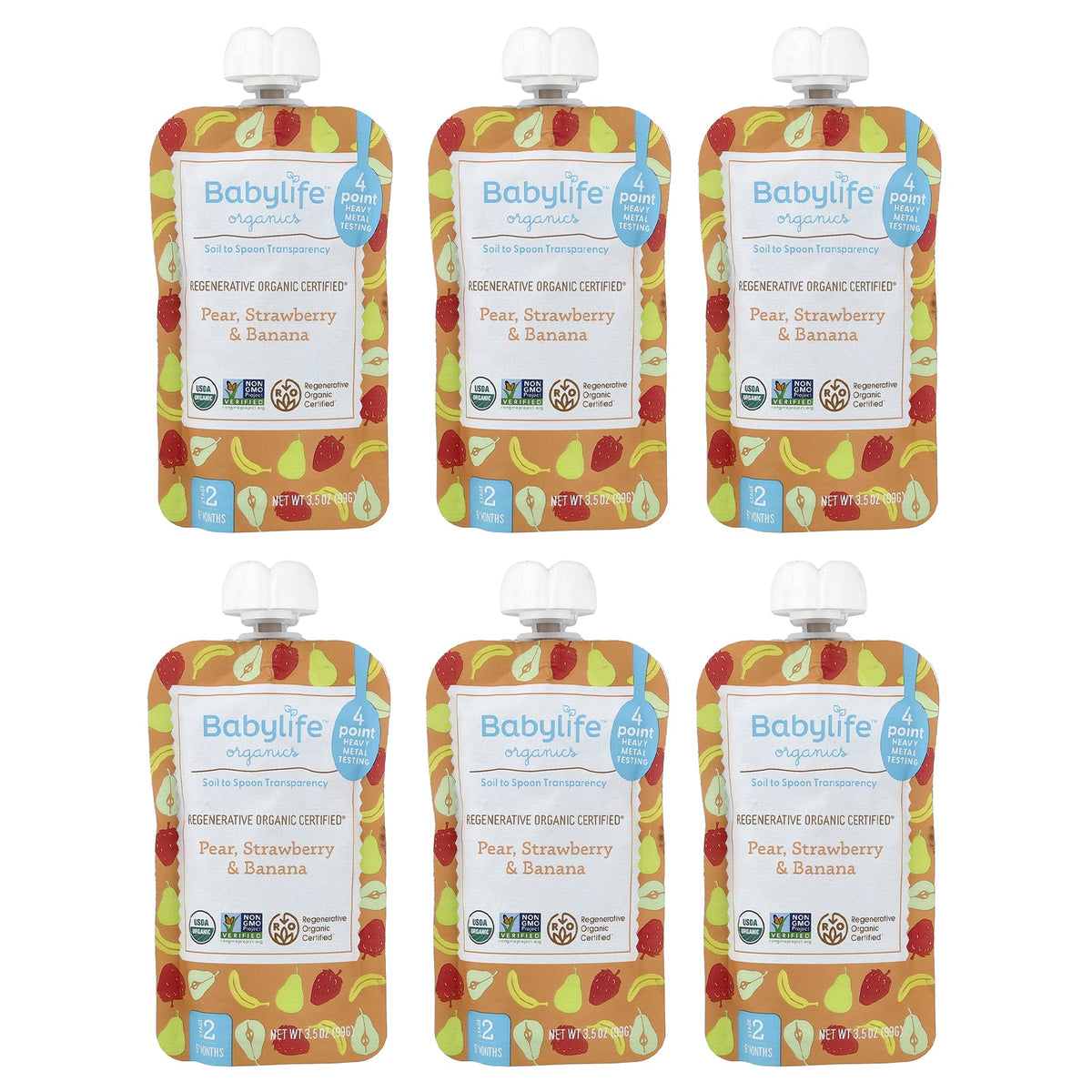 BabyLife Organics, Baby Food, 6+ Months, Pear, Strawberry & Banana, 6 Pouches, 3.5 oz (99 g) Each