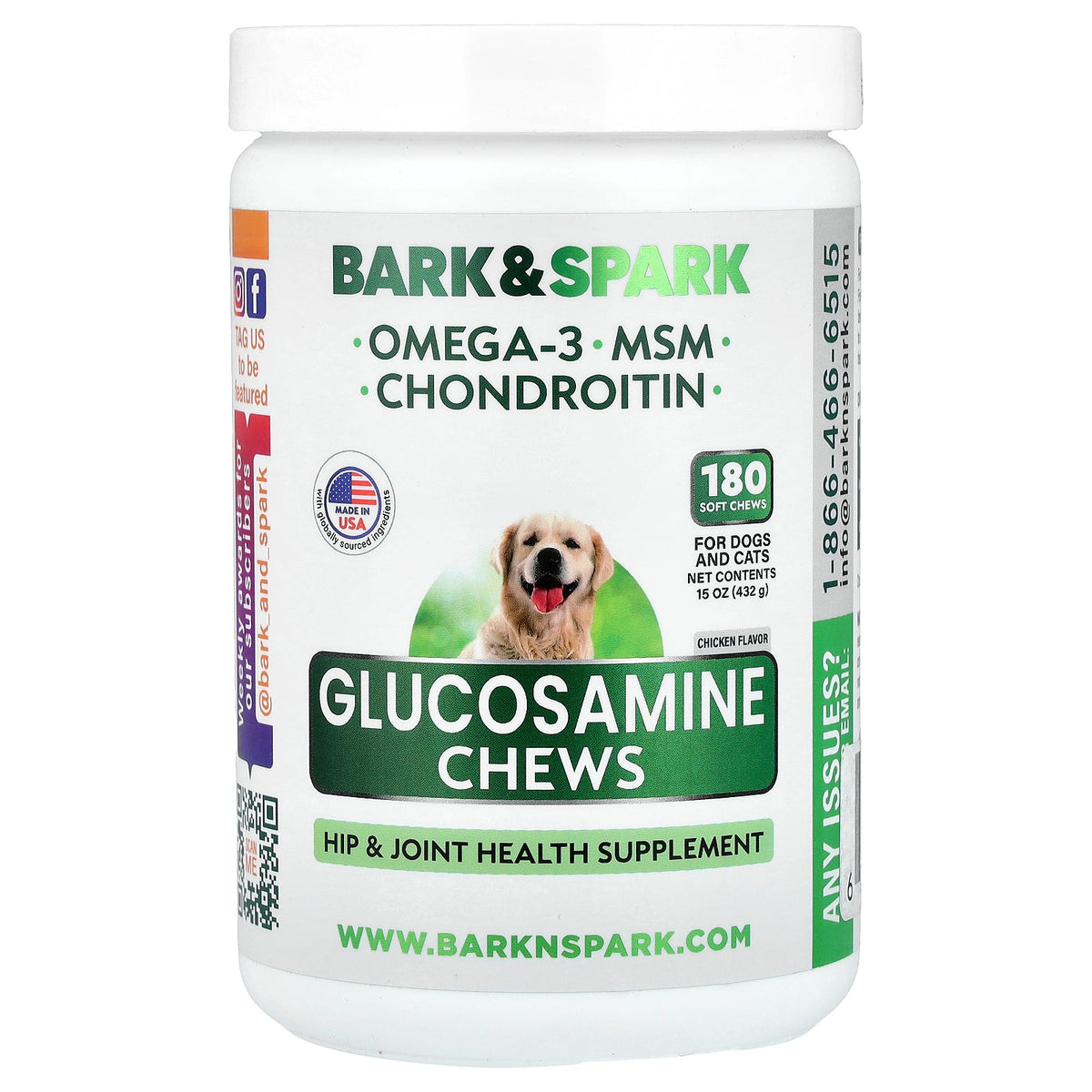 Bark&Spark, Glucosamine Chews, For Dogs and Cats, Chicken , 180 Soft Chews, 15 oz (432 g)