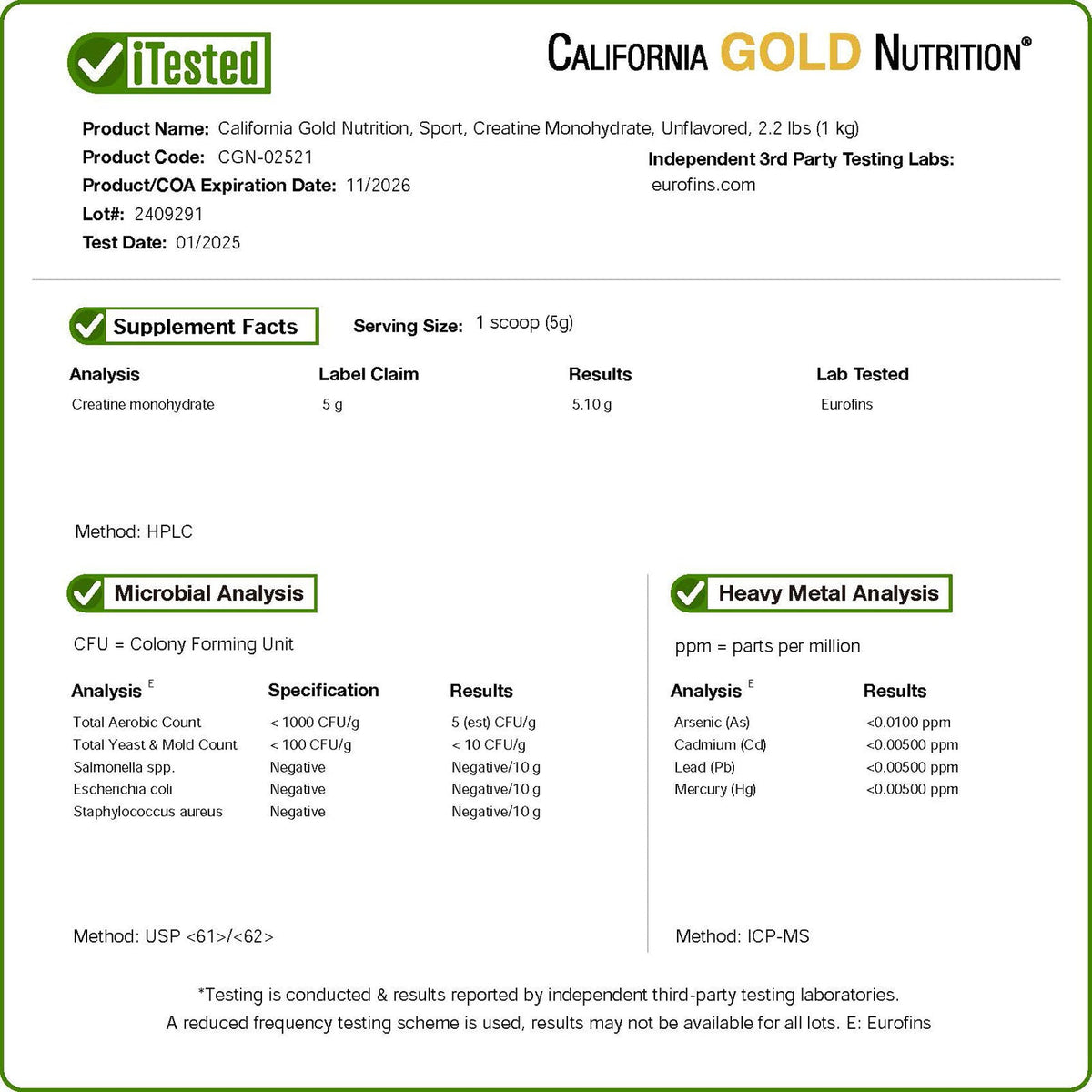 California Gold Nutrition, Sport, Pure Creatine Monohydrate, Unflavored, 2.2 lbs (1 kg)