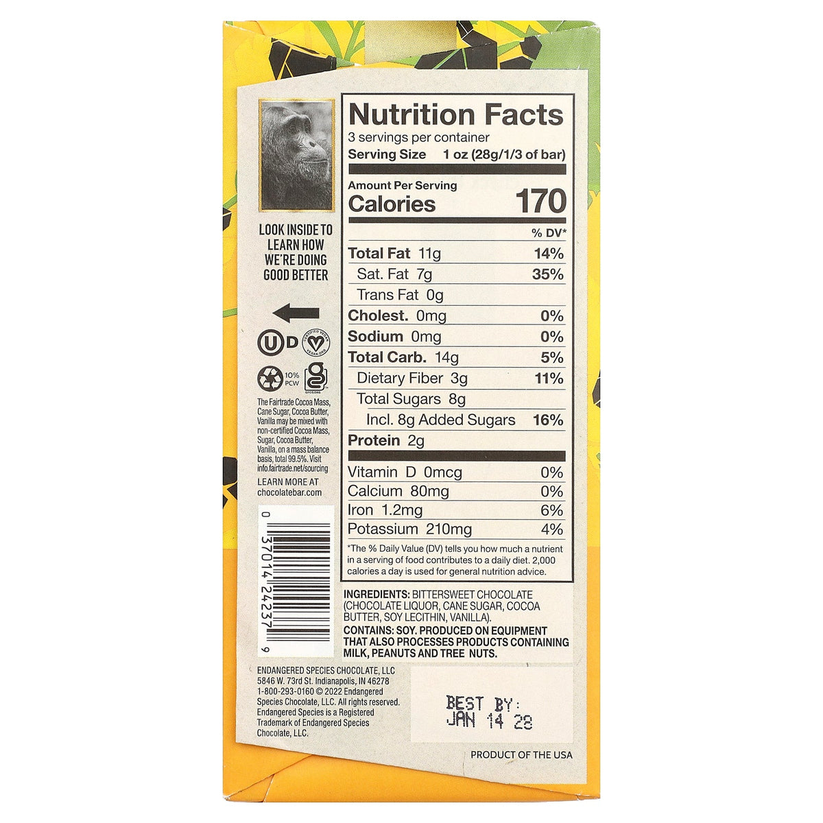 Endangered Species Chocolate, Smooth Dark Chocolate, 72% Cocoa, 3 oz (85 g)