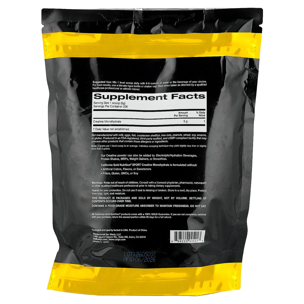 California Gold Nutrition, Sport, Pure Creatine Monohydrate, Unflavored, 2.2 lbs (1 kg)