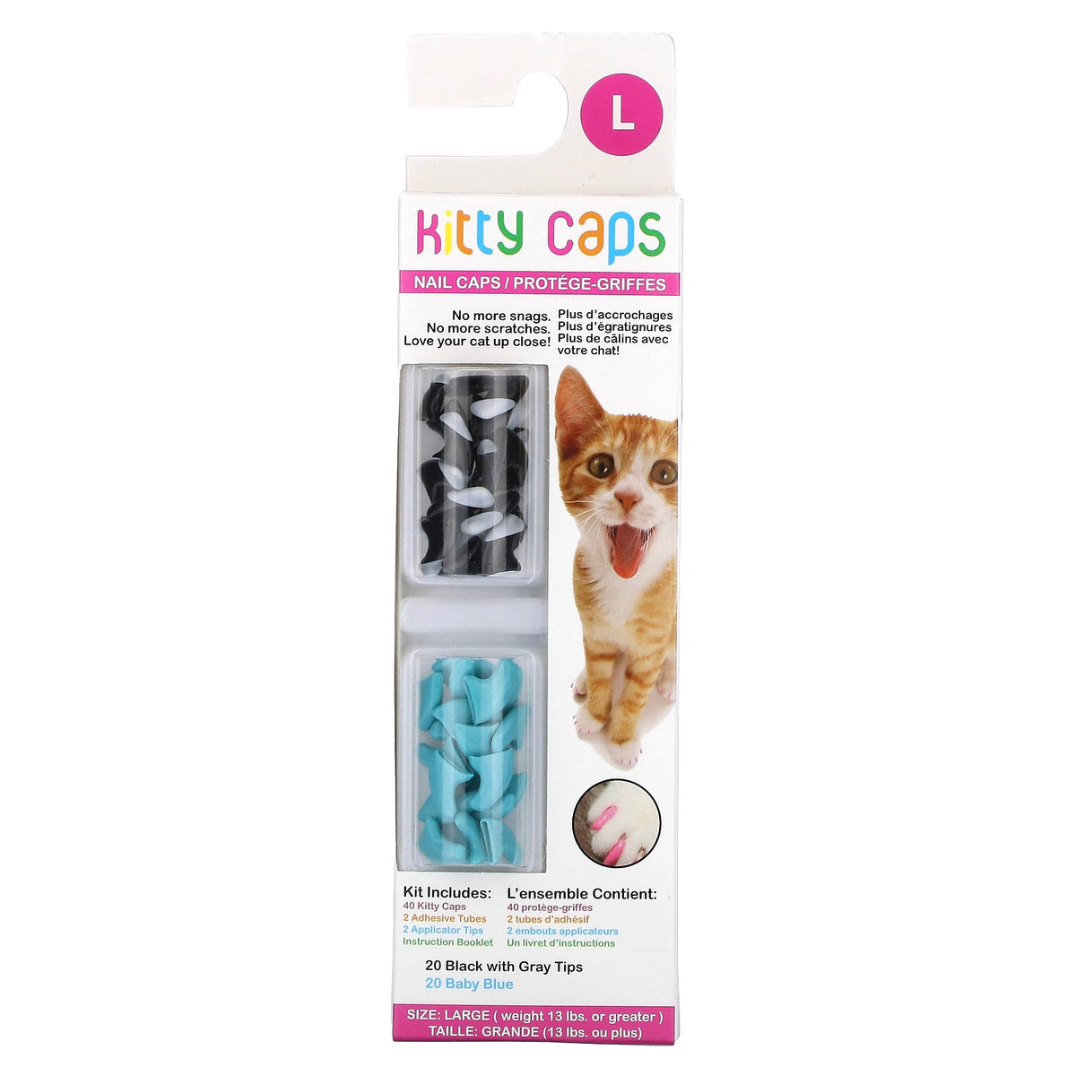 Kitty Caps, Nail Caps Kit, Large, Black with Gray Tips, Baby Blue, 44 Piece Kit
