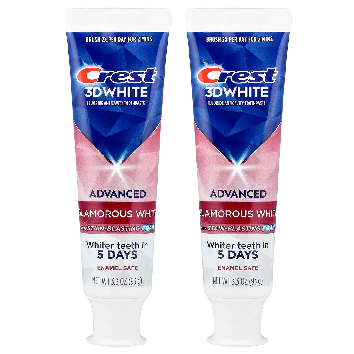 Crest, 3D White, Fluoride Anticavity Toothpaste, Advanced, Glamorous White, 2 Tubes, 3.3 oz (93 g) Each
