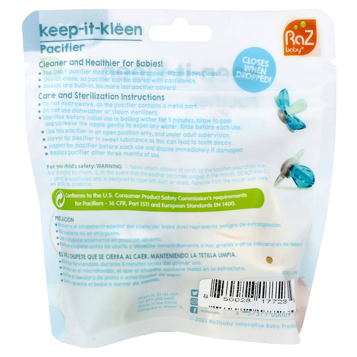 RaZbaby, Keep-It-Kleen Pacifier, 0-36m, Sloth & Panda, 2 Pacifiers