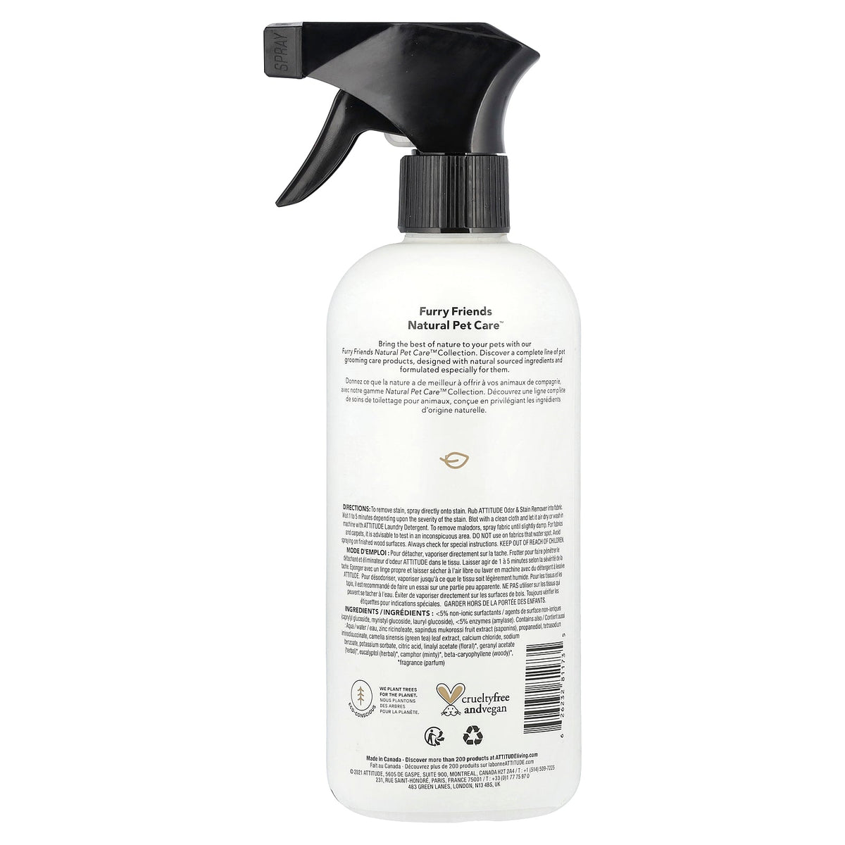 ATTITUDE, Furry Friends, Natural Pet Care™, Stain & Odor Remover, Lavender, 16 fl oz (473 ml)