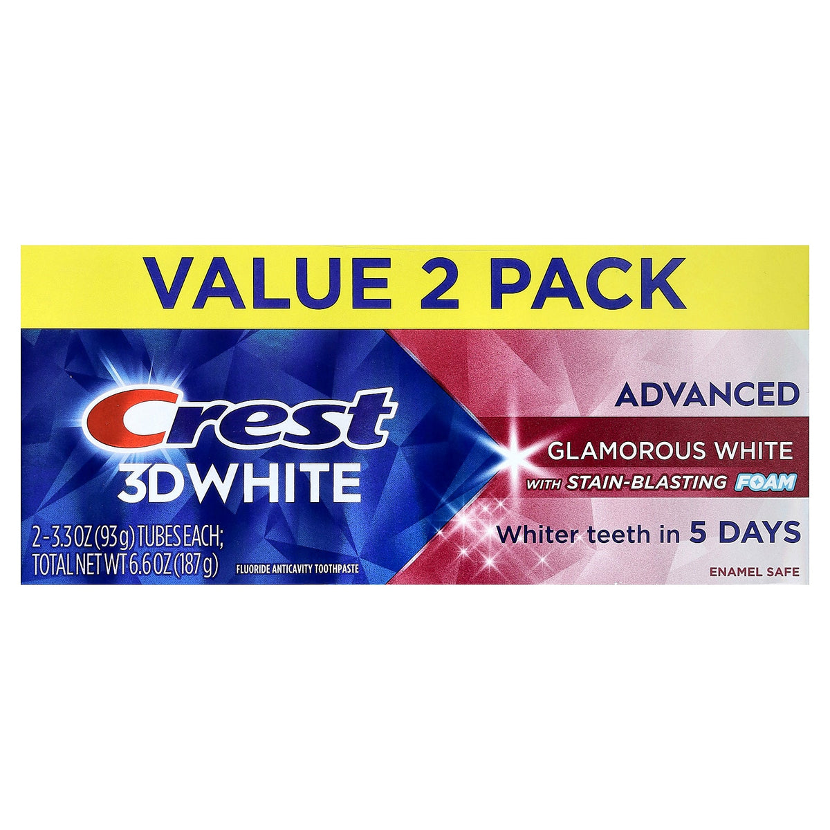 Crest, 3D White, Fluoride Anticavity Toothpaste, Advanced, Glamorous White, 2 Tubes, 3.3 oz (93 g) Each