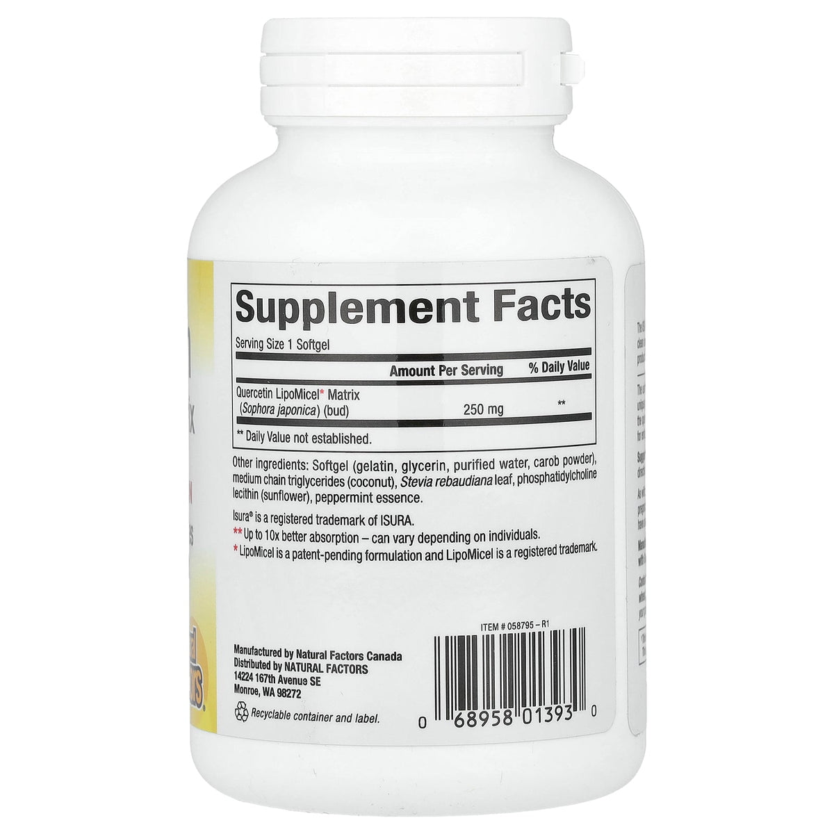 Natural Factors, Quercetin LipoMicel Matrix, 250 mg, 120 Liquid Softgels
