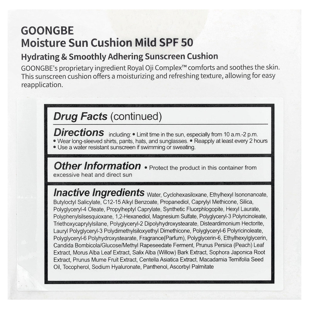 Goongbe, Moisture Sun Cushion Sunscreen, Mild, SPF 50, 0.49 oz (14 g)