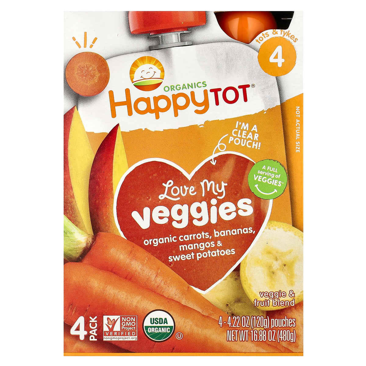 Happy Family Organics, Happy Tot®, Love My Veggies, Stage 4, Organic Carrots, Bananas, Mangos & Sweet Potatoes, 4 Pouches, 4.22 oz (120 g) Each