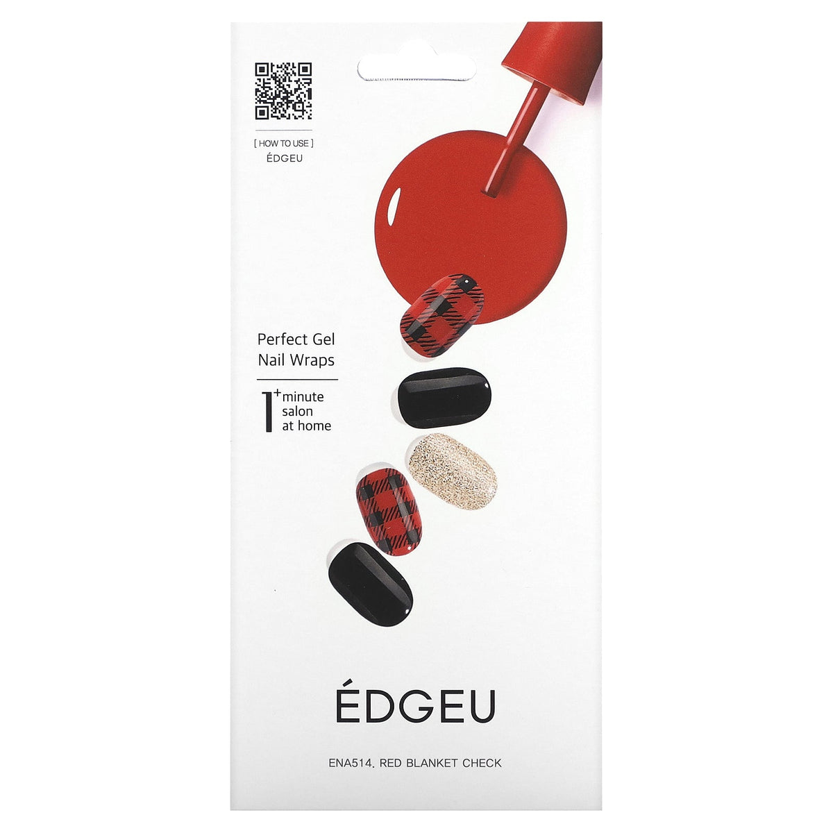 Edgeu, Perfect Gel Nail Wraps, ENA 514 Red Blanket Check, 19 Piece Set