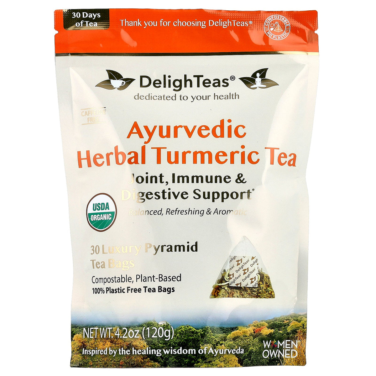 DelighTeas, Ayurvedic Herbal Turmeric Tea, Caffeine Free, 30 Luxury Pyramid Tea Bags, 4.2 oz (120 g)