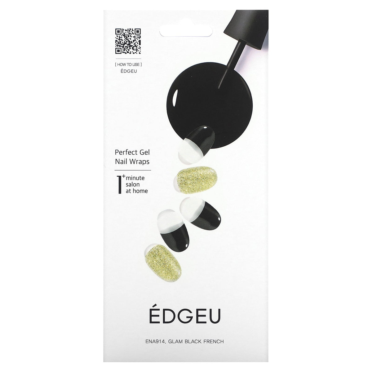 Edgeu, Perfect Gel Nail Wraps, ENA 914 Glam Black French, 19 Piece Set