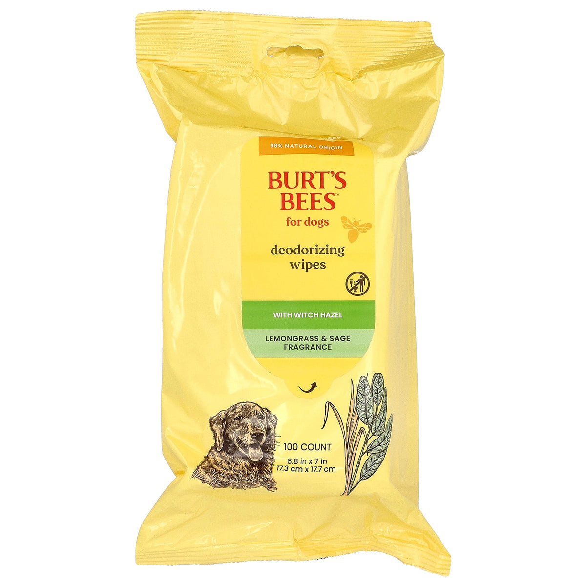 Burt's Bees, Deodorizing Wipes with Witch Hazel, For Dogs, Lemongrass & Sage, 100 Count