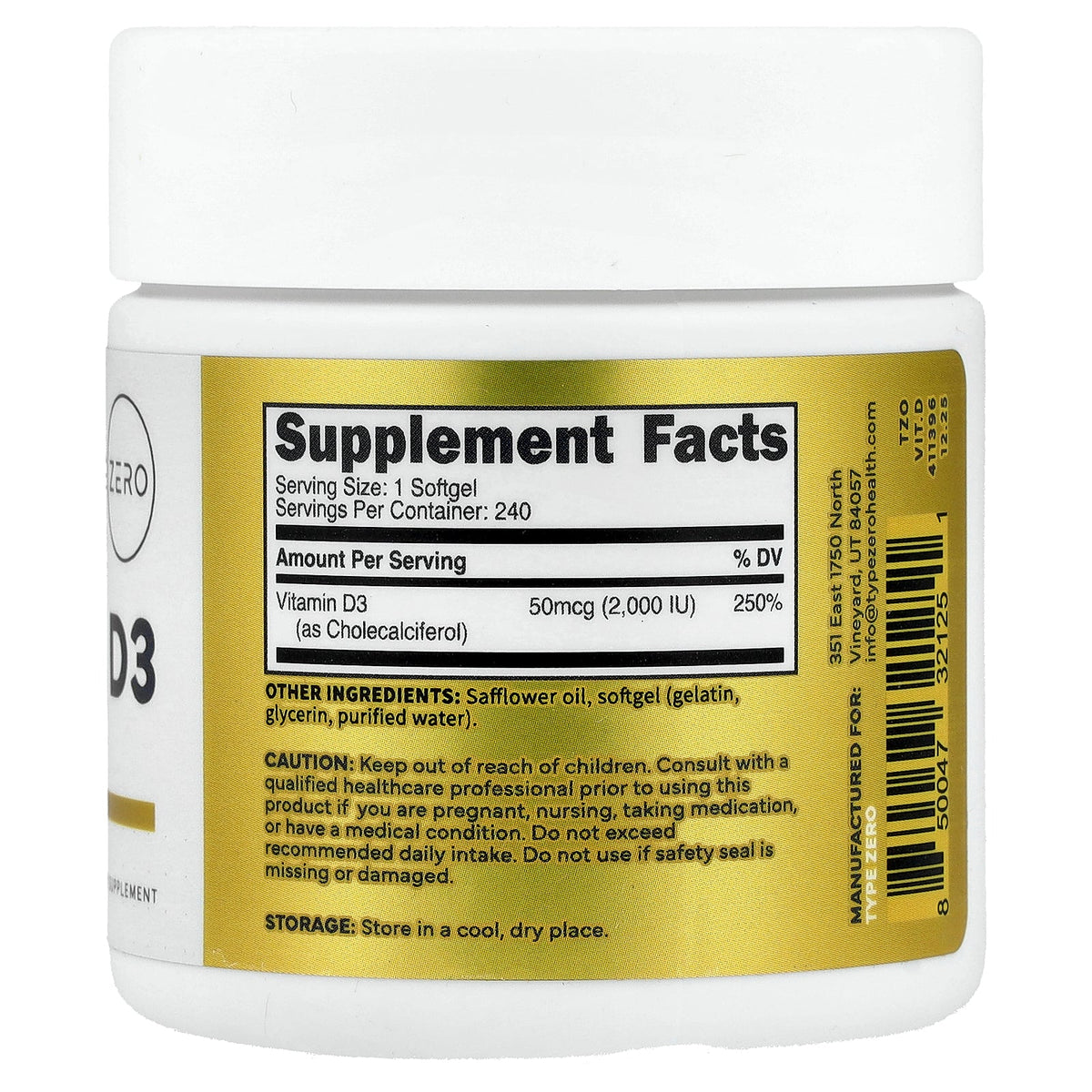 TypeZero, Clean, Vitamin D3, 50 mcg (2,000 IU), 240 Softgels
