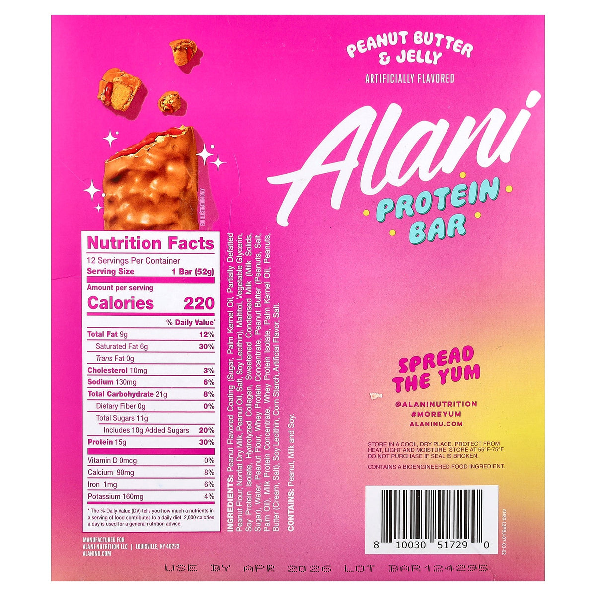 Alani Nu, Protein Bar, Peanut Butter & Jelly, 12 Bars, 1.83 oz (52 g) Each
