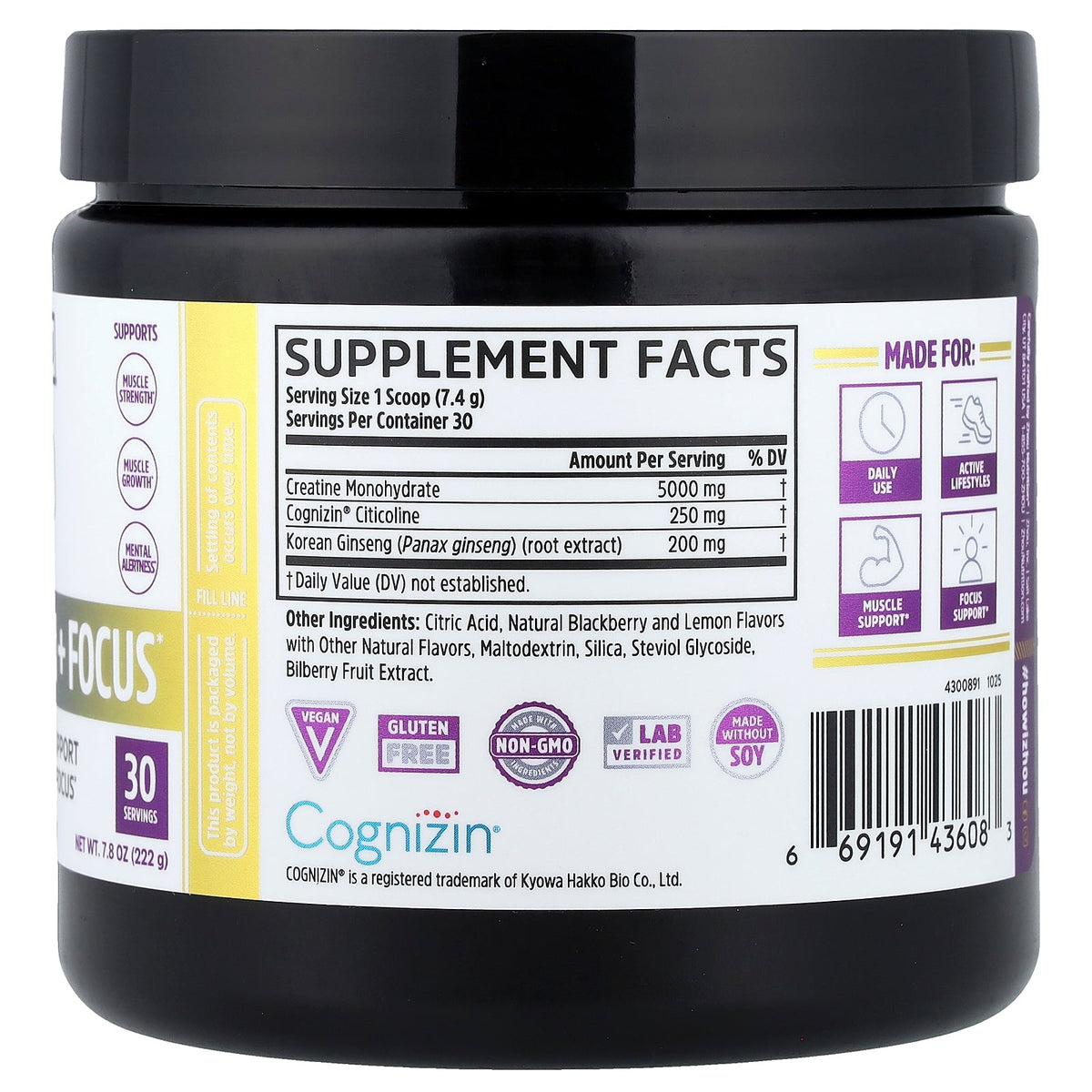 Zhou Nutrition, Creatine Calm + Focus, Blackberry Lemon, 7.8 oz (222 g)