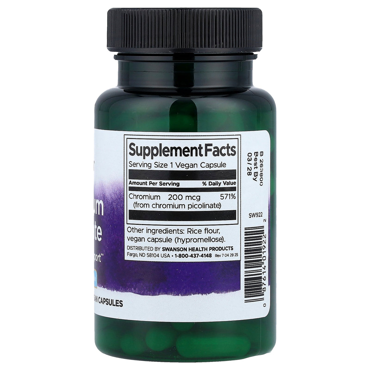 Swanson Vitamins, Chromium Picolinate, 200 mcg, 100 Vegan Capsules
