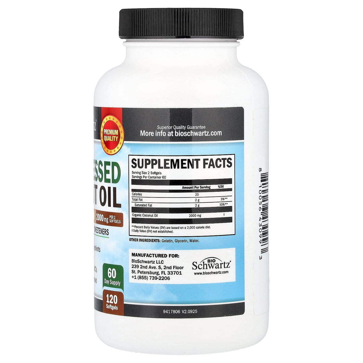 BioSchwartz, Cold Pressed Coconut Oil, Pure Extra Virgin, 120 Softgels (1,000 mg per Softgel)
