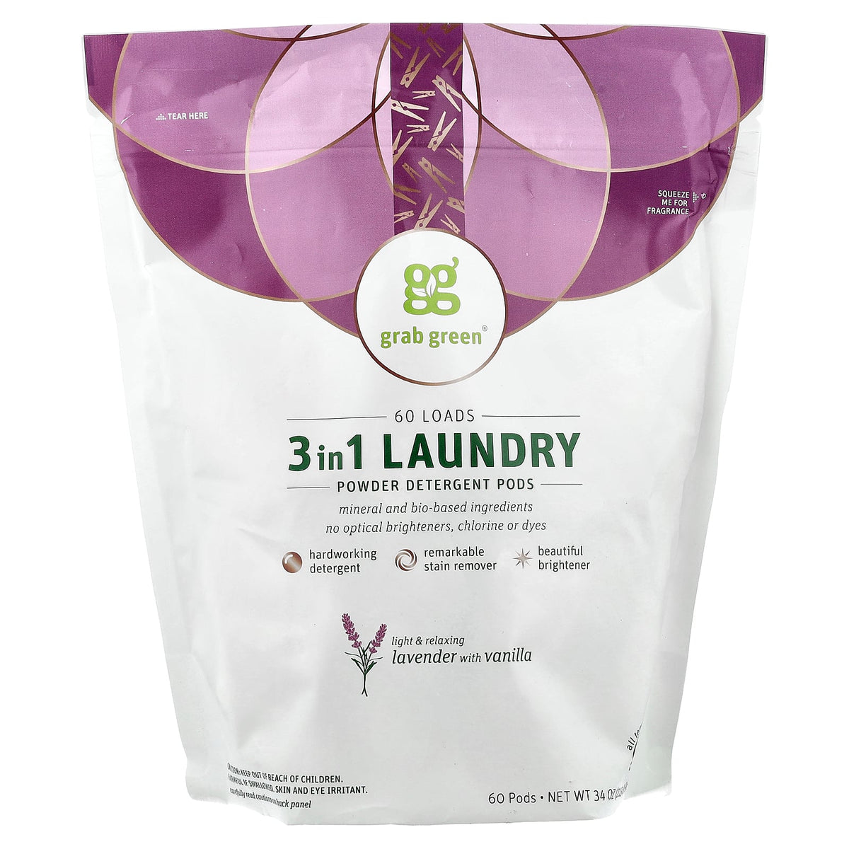 Grab Green, 3 in 1 Laundry Powder Detergent Pods, Lavender with Vanilla, 60 Pods, 34 oz (960 g)