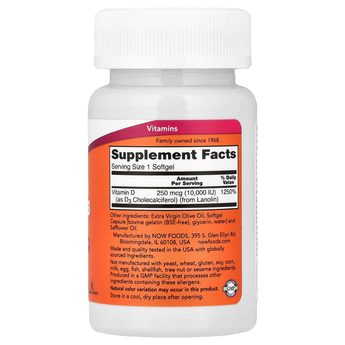 NOW Foods, Vitamin D-3, High Potency, 250 mcg (10,000 IU), 30 Softgels