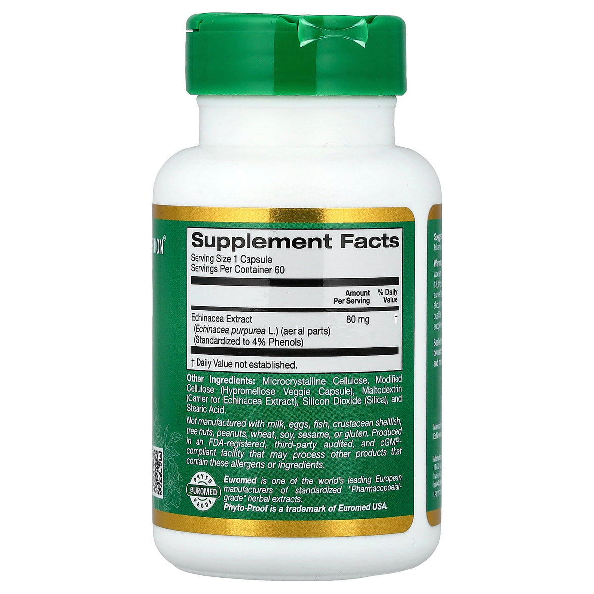 California Gold Nutrition, EuroHerbs™, Echinacea Herb Extract, Euromed Quality, 80 mg, 60 Veggie Capsules