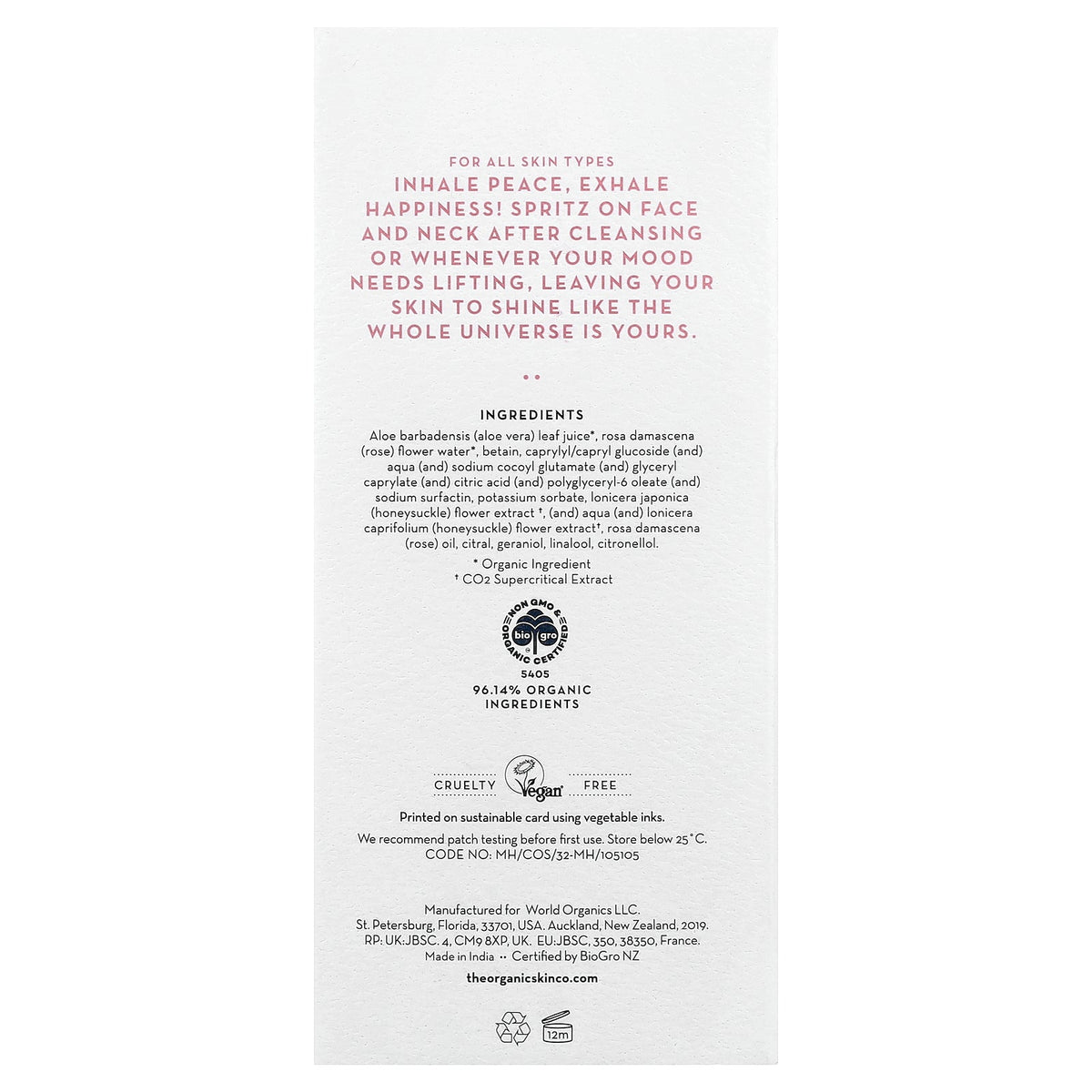 The Organic Skin Co., Set The Tone Mist Toner, For All Skin Types, Hydrating Rose, 3.4 fl oz (100 ml)