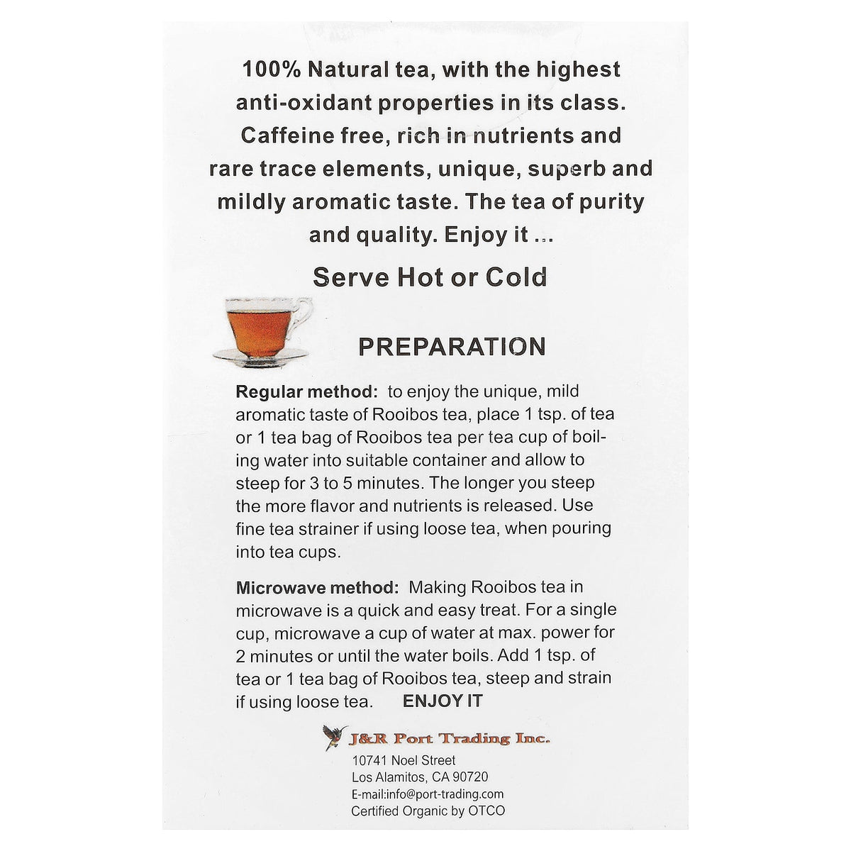 J&R Port Trading, Rooibos Red Tea, Caffeine-Free, 40 Tea Bags, 3.53 oz (100 g)