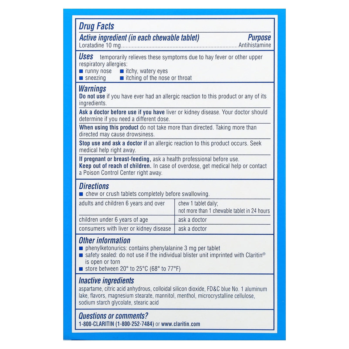 Claritin, Non-Drowsy, Loratadine Chewable Tablets, Cool Mint, 10 mg, 24 Chewable Tablets