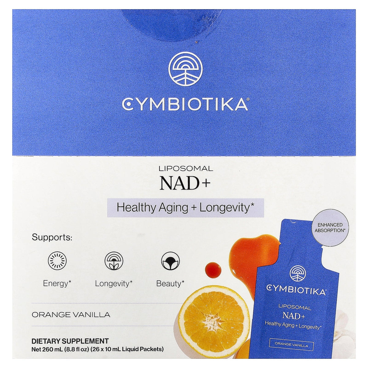 Cymbiotika, Liposomal NAD+, Orange Vanilla, 26 Liquid Packets, 0.34 fl oz (10 ml) Each