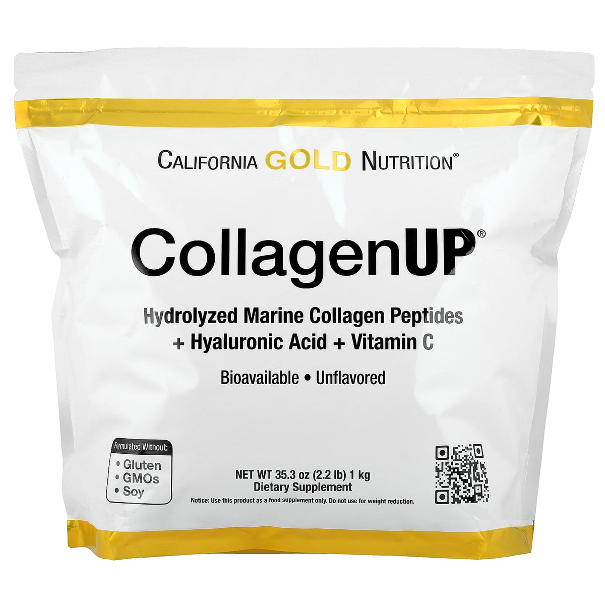 California Gold Nutrition, CollagenUP®, Hydrolyzed Marine Collagen Peptides with Hyaluronic Acid, Unflavored, 2.2 lb (1 kg)