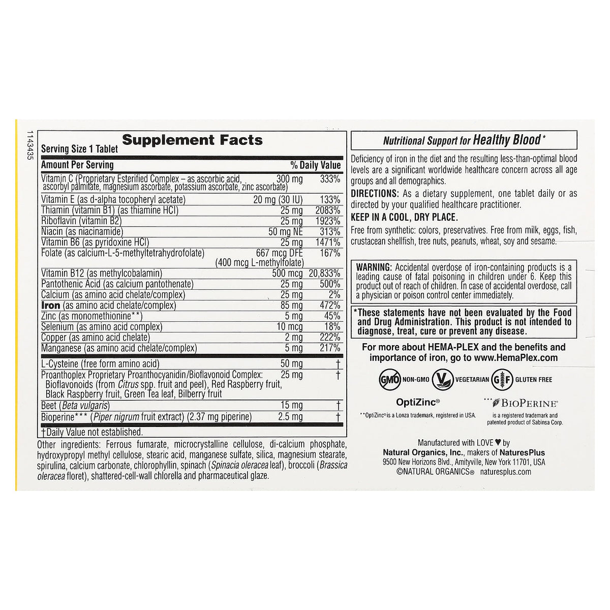 NaturesPlus, Hema-Plex®, Iron with Essential Nutrients for Healthy Red Blood Cells , 10 Slow Release Tablets