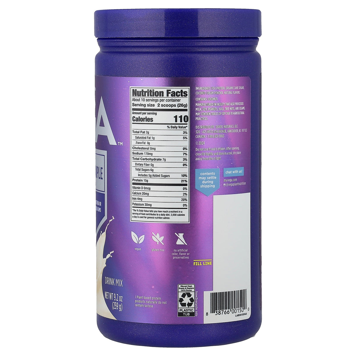 Vega, Essential Protein Made Simple, Plant-Based Protein, Creamy Vanilla, 9.2 oz (259 g)