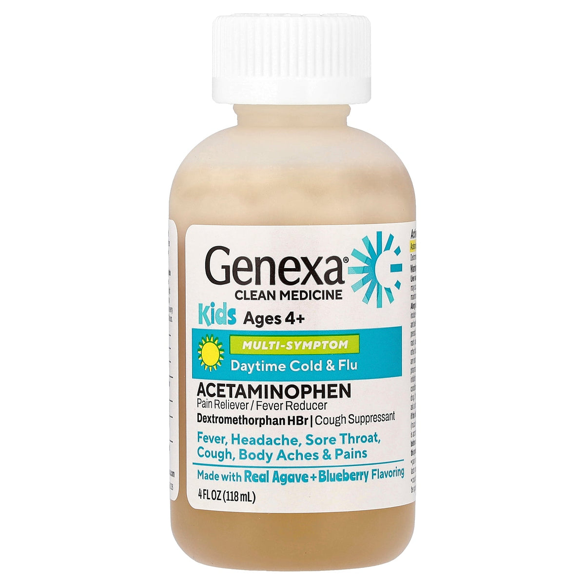 Genexa, Kids' Multi-Symptom Daytime Cold & Flu, Ages 4+, Agave + Blueberry, 4 fl oz (118 ml)