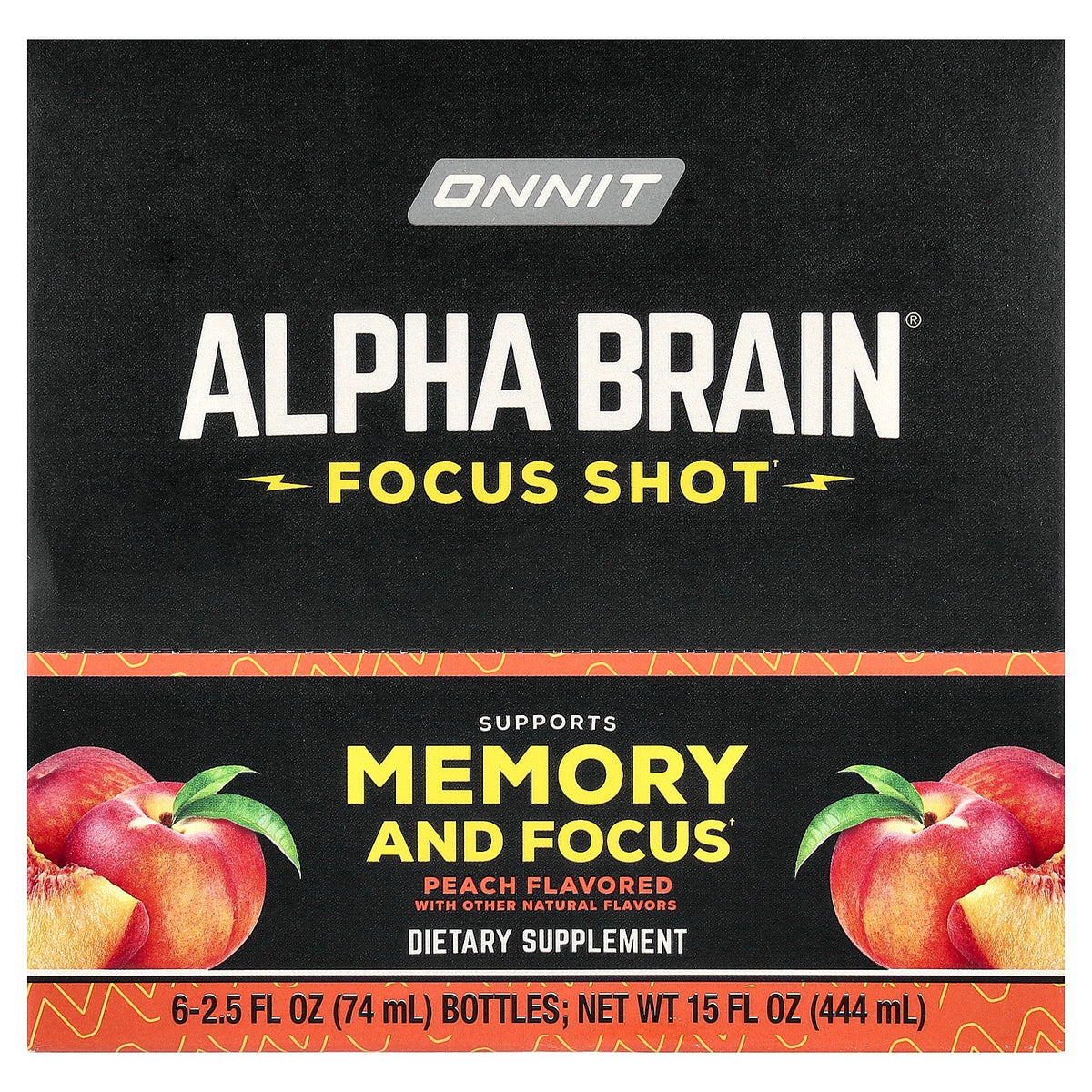 Onnit, Alpha BRAIN® Focus Shot, Peach, 6 Bottles, 2.5 fl oz (74 ml) Each