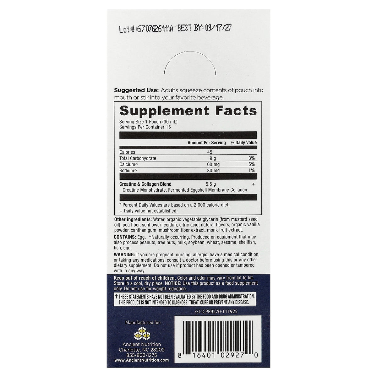 Ancient Nutrition, Creatine + Collagen, Orange, 15 Gel Packs, 1 fl oz (30 ml) Each