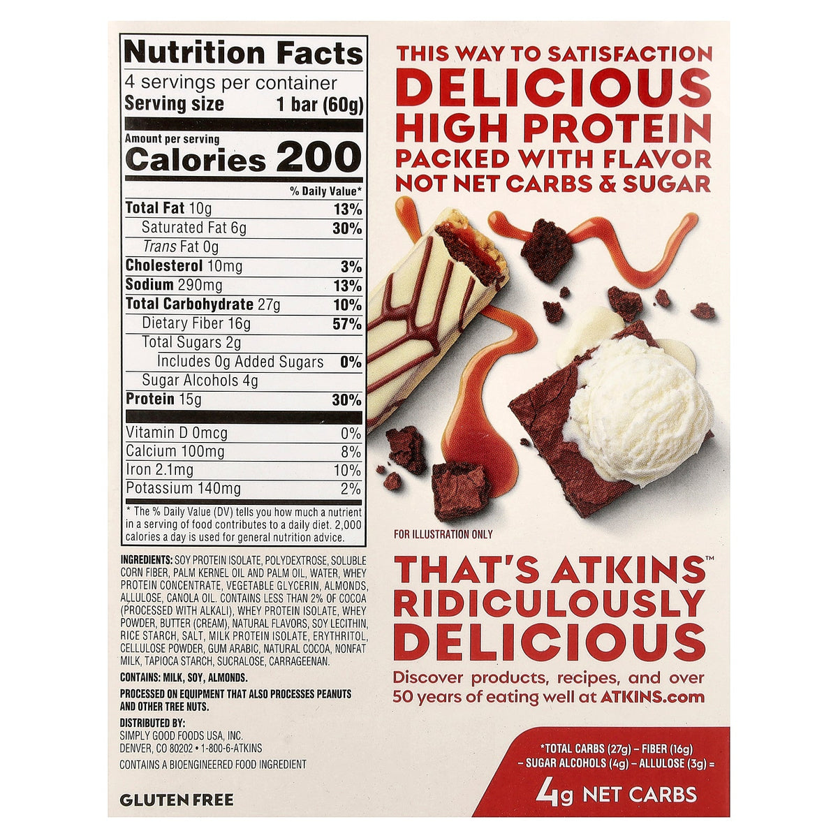 Atkins, High Protein Bar, Brownie Delight, 4 Bars, 2.12 oz (60 g) Each