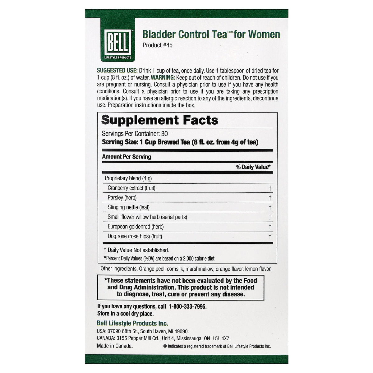Bell Lifestyle, Bladder Control Tea™, For Women, Caffeine Free, 4.2 oz (120 g)