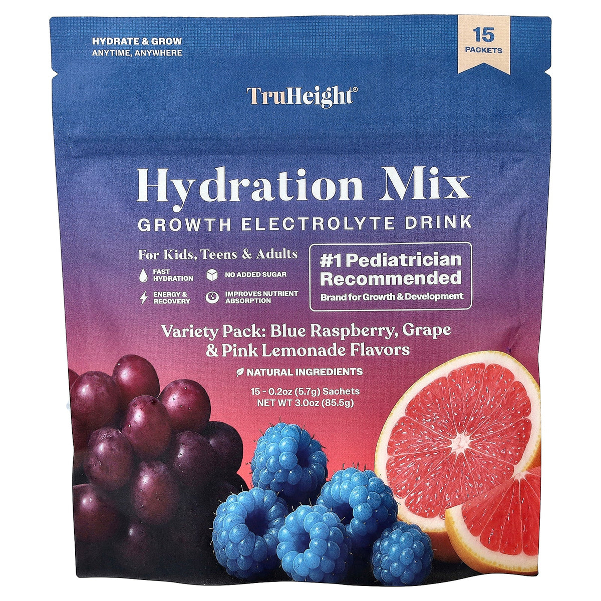 TruHeight, Hydration Mix, For Kids, Teens & Adults, Variety Pack, 15 Packets, 0.2 oz (5.7 g) Each