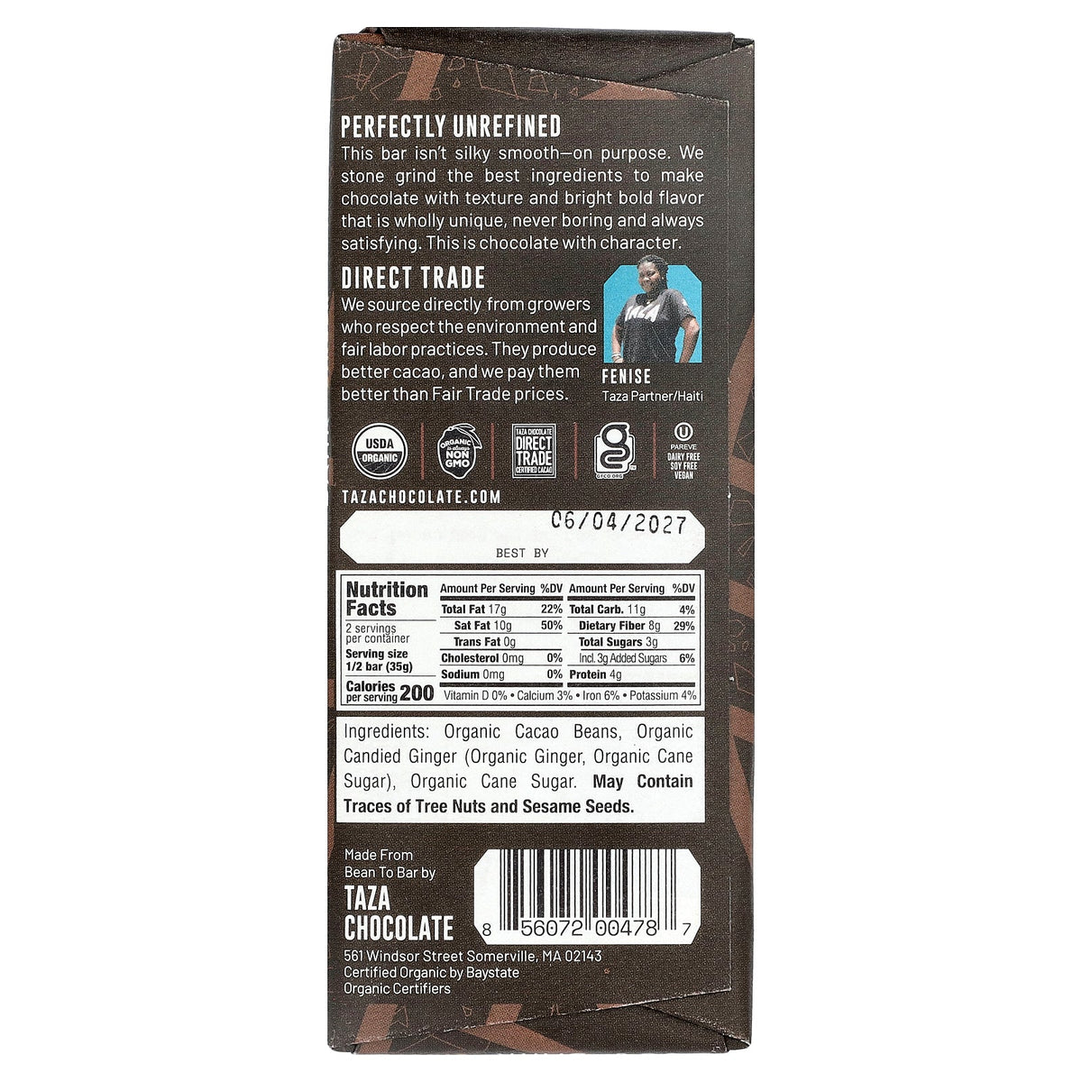 Taza Chocolate, 95% Dark Chocolate, Wicked Dark, Ginger, 2.5 oz (70 g)