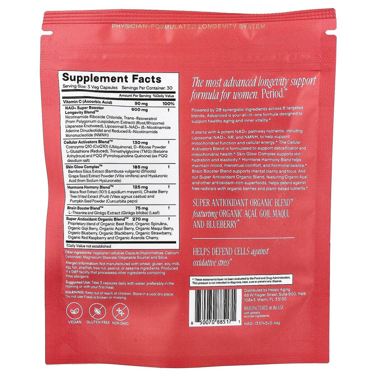 Happy Aging, NAD + Women's Longevity Formula, 90 Capsules