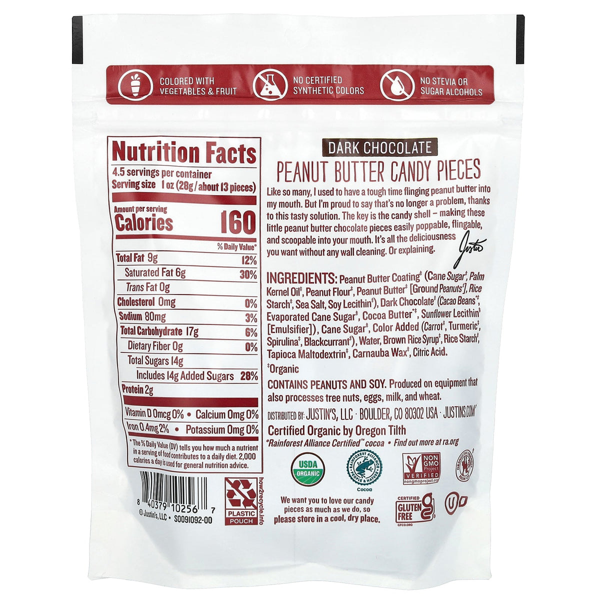 Justin's Nut Butter, Organic Peanut Butter Candy Pieces, Dark Chocolate, 4.5 oz (128 g)