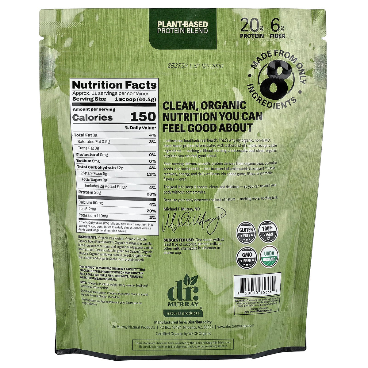 Dr. Murray's, Organic Plant-Based Protein, Matcha, 16 oz (453.59 g)