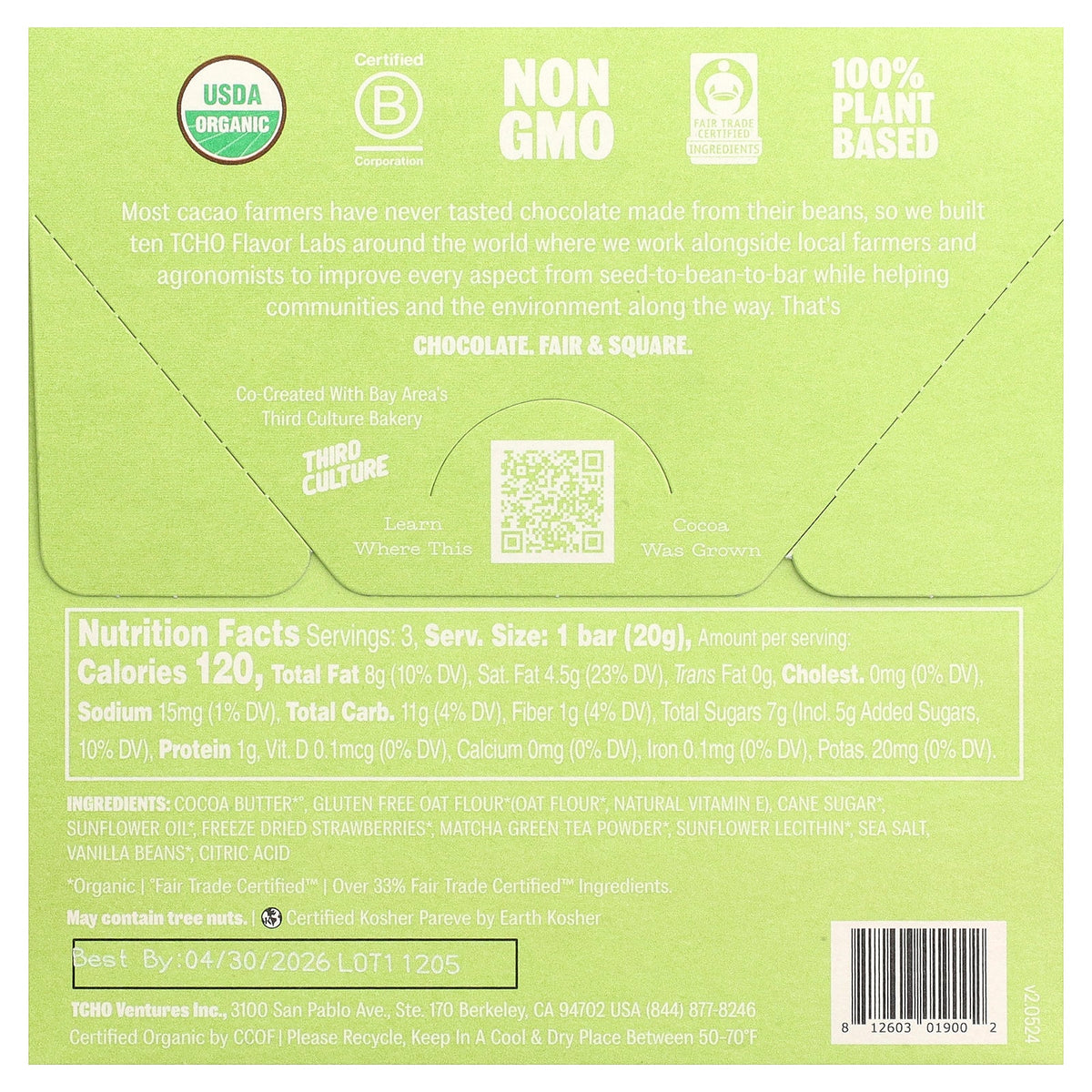 TCHO, Perfect Matcha, White Chocolate with Strawberry Filling, 3 Bars, 0.70 oz Each