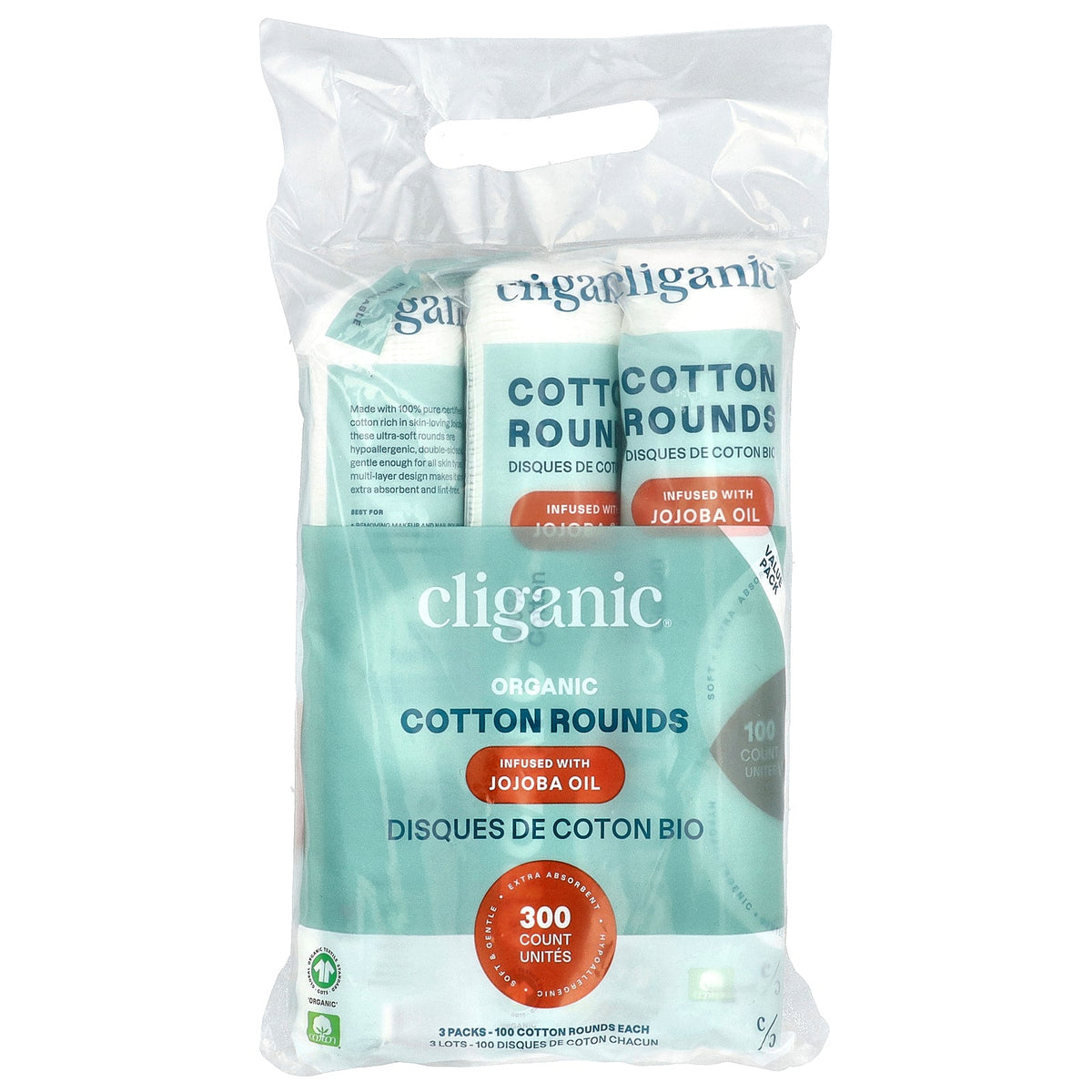 Cliganic, Organic Cotton Rounds Infused With Jojoba Oil , 3 Packs, (100 Cotton Rounds) Each