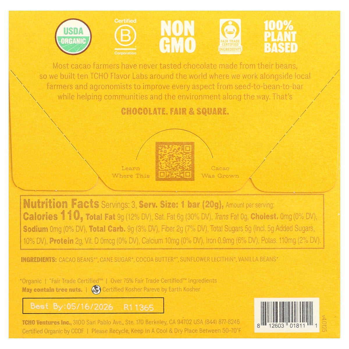 TCHO, Holy Fudge, Dark Chocolate, 75% Cacao, 3 Bars, 0.7 oz Each
