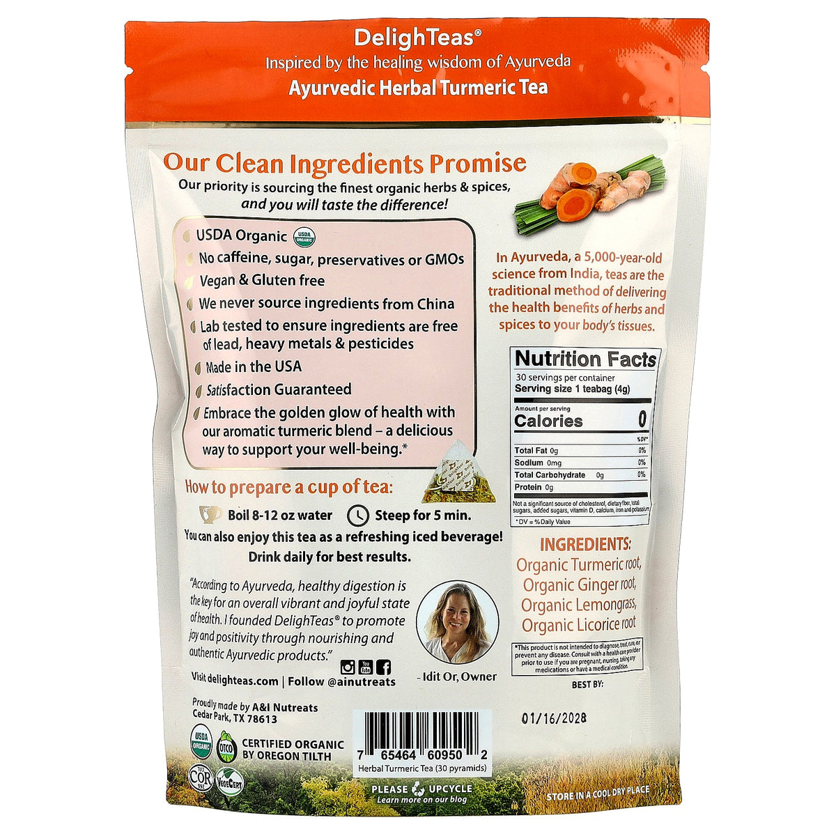 DelighTeas, Ayurvedic Herbal Turmeric Tea, Caffeine Free, 30 Luxury Pyramid Tea Bags, 4.2 oz (120 g)