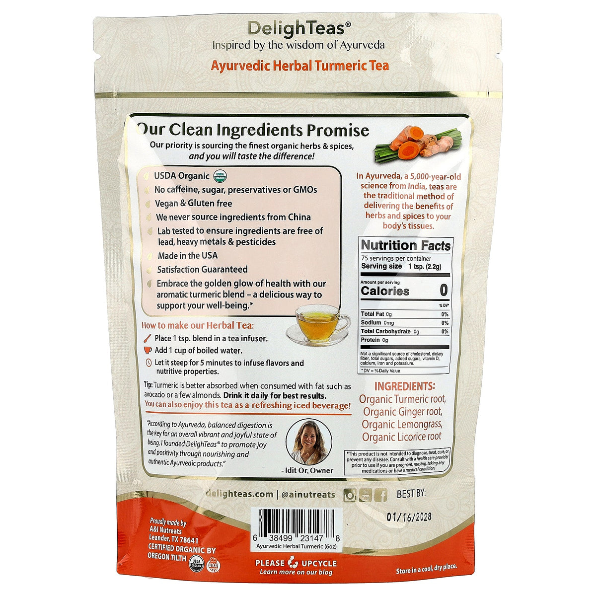 DelighTeas, Ayurvedic Herbal Turmeric Tea, Caffeine Free, 6 oz (170 g)