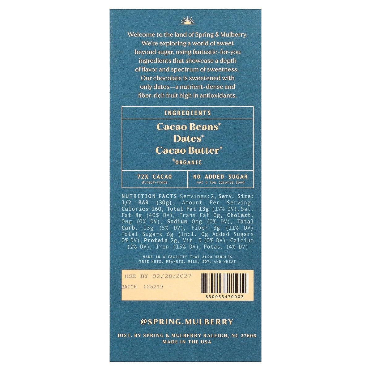Spring & Mulberry, Date-Sweetened Chocolate, Pure Dark, 2.1 oz (60 g)