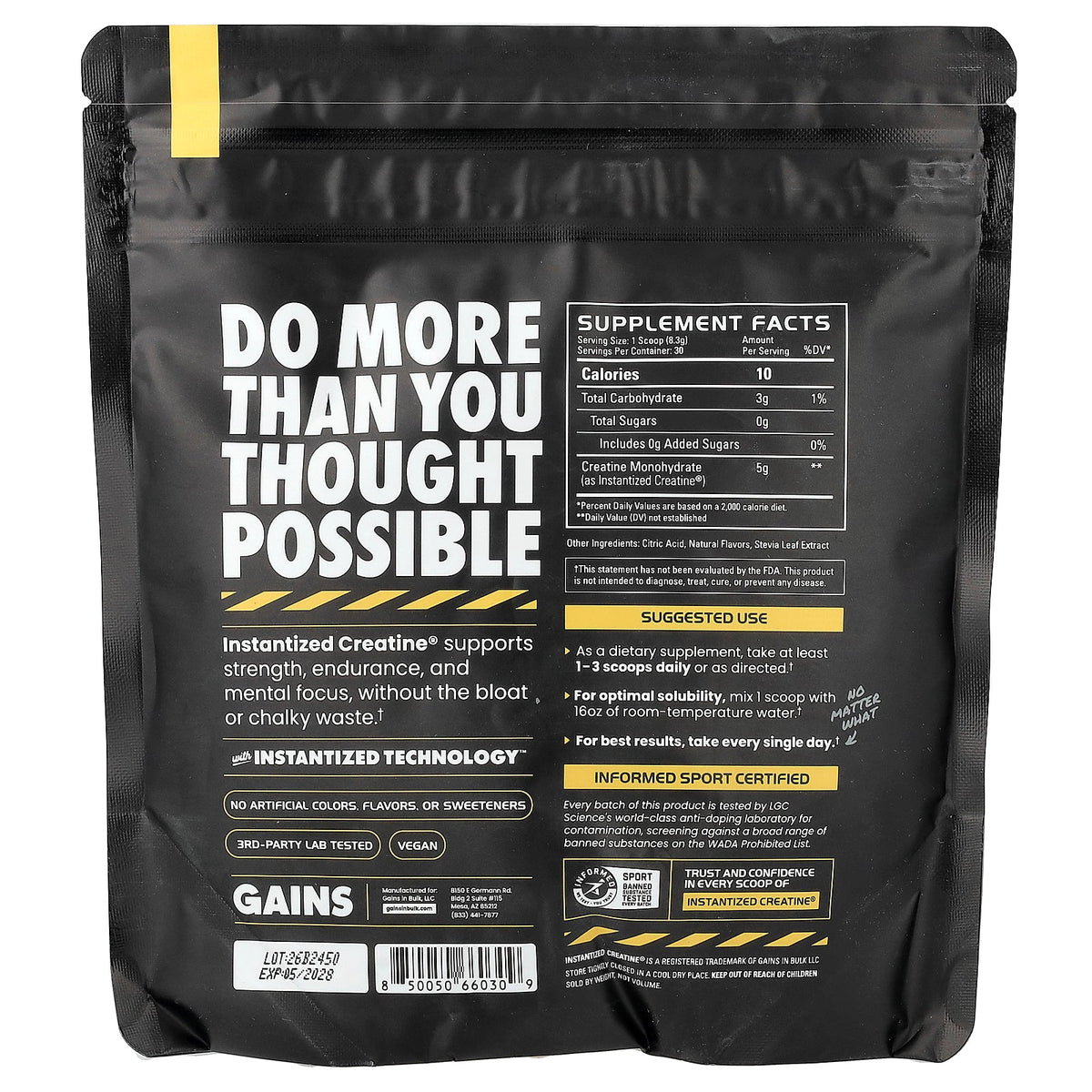 GAINS, Instantized Creatine®, Soluble Creatine Monohydrate, Sweet Lemonade, 8.78 oz (249 g)