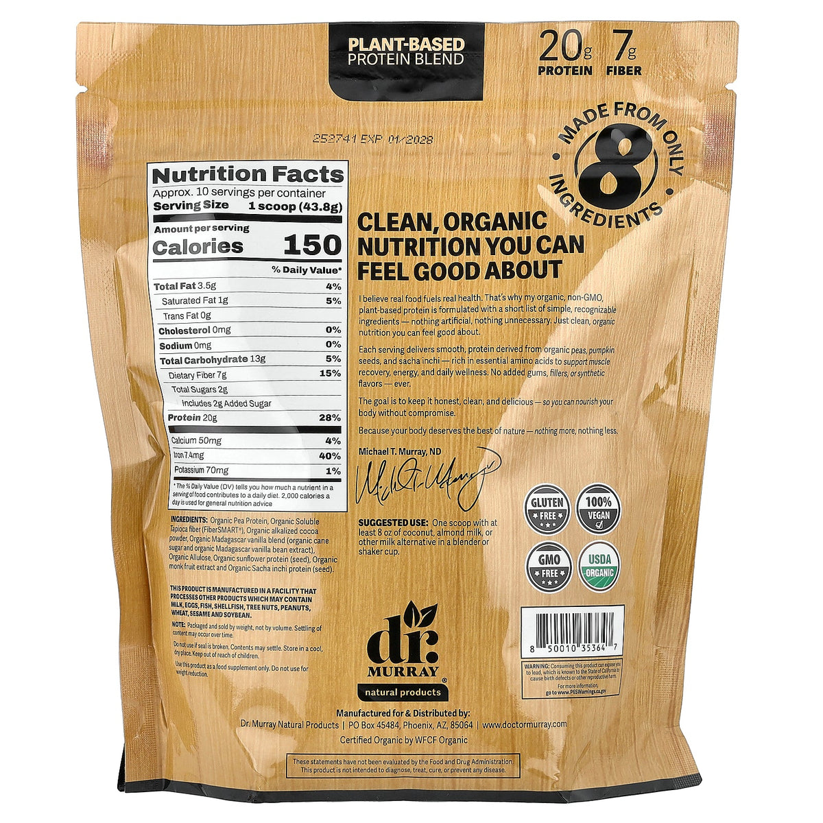 Dr. Murray's, Organic Plant-Based Protein, Chocolate, 16 oz (453.59 g)